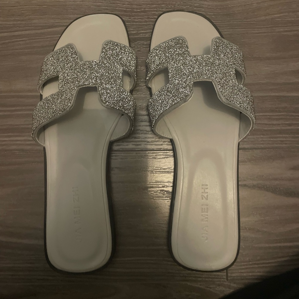 Silver Glitter Slide Sandals